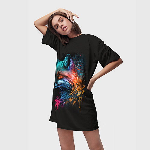 Женская длинная футболка Неоновая лисичка / 3D-принт – фото 3