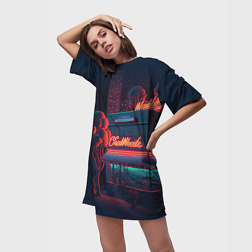 Женская длинная футболка Ночные улицы в неоновом свете / 3D-принт – фото 3