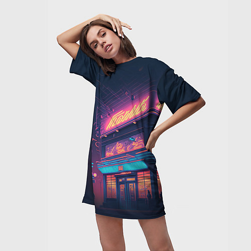 Женская длинная футболка Неоновые улицы / 3D-принт – фото 3