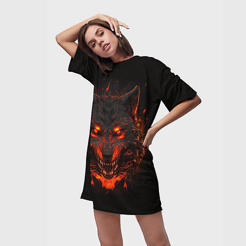 Женская длинная футболка Морда огненного волка / 3D-принт – фото 3