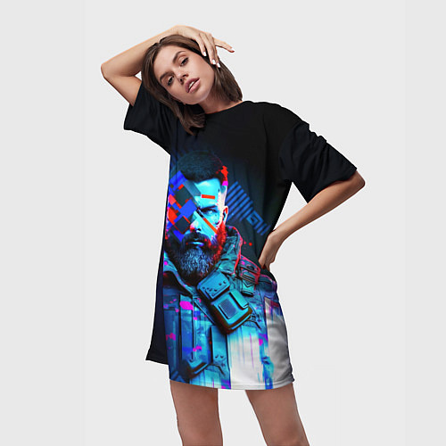 Женская длинная футболка Неоновый воин в стиле киберпанк / 3D-принт – фото 3