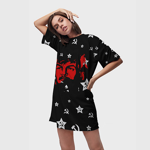 Женская длинная футболка Ленин на фоне звезд / 3D-принт – фото 3