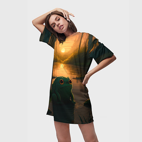 Женская длинная футболка Лягушонок Пепе у себя дома / 3D-принт – фото 3