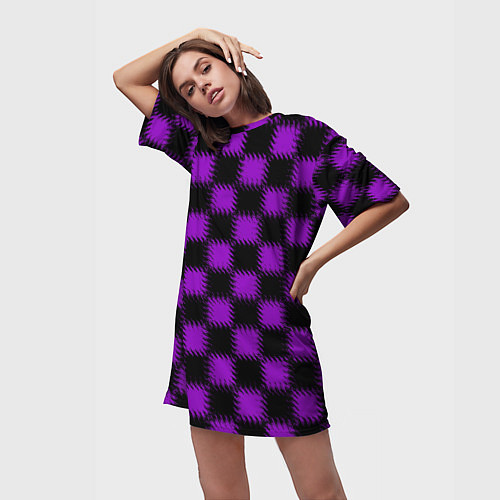 Женская длинная футболка Фиолетовый черный узор Шахматка / 3D-принт – фото 3