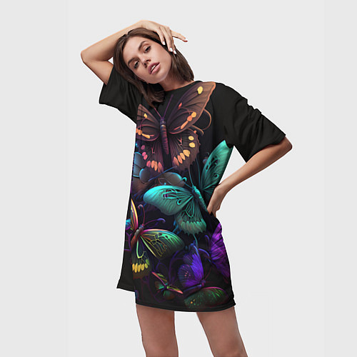 Женская длинная футболка Разные неоновые бабочки / 3D-принт – фото 3