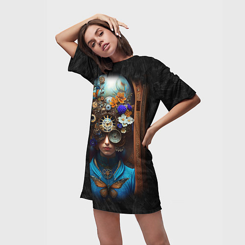 Женская длинная футболка Женщина с цветами в стиле стимпанк / 3D-принт – фото 3