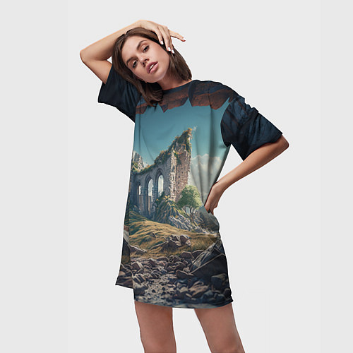 Женская длинная футболка Руины от нейросети / 3D-принт – фото 3