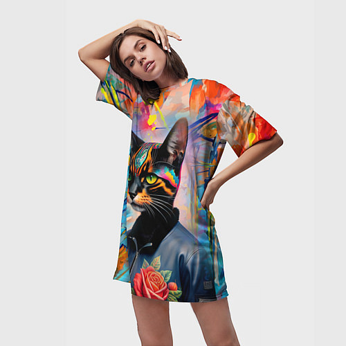 Женская длинная футболка Кошечка следящая за модой - нейросеть / 3D-принт – фото 3