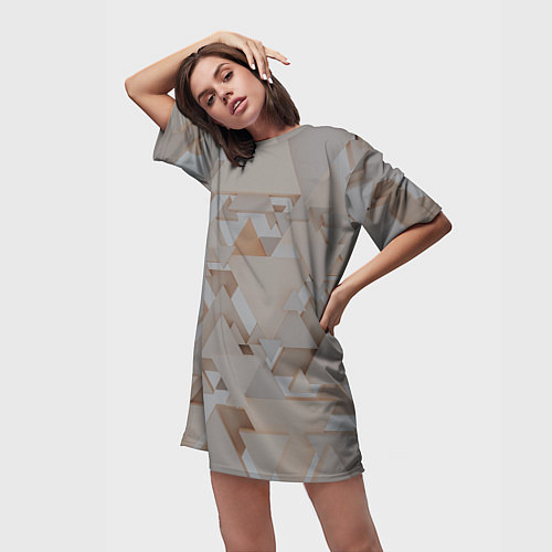 Женская длинная футболка Геометрическое множество серых и бежевых треугольн / 3D-принт – фото 3