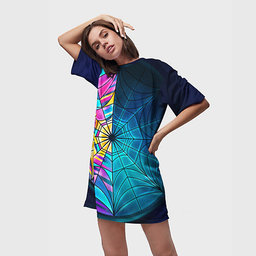Женская длинная футболка Уэнсдей - окно ночной витраж - текстура зерна / 3D-принт – фото 3