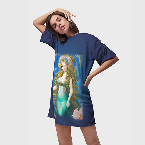 Женская длинная футболка Фэнтези женщина русалка с цветами / 3D-принт – фото 3