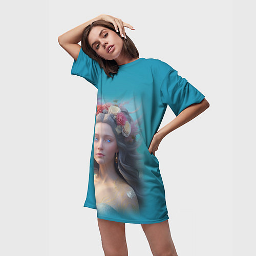 Женская длинная футболка Цветочный портрет женщины с голубыми глазами / 3D-принт – фото 3
