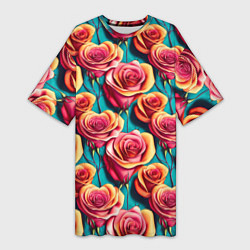 Футболка женская длинная Паттерн с розами, цвет: 3D-принт