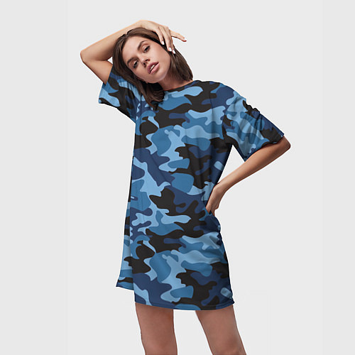 Женская длинная футболка Сине-черный камуфляж / 3D-принт – фото 3