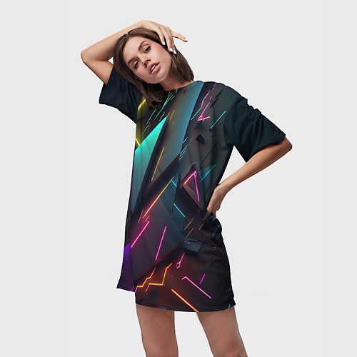 Женская длинная футболка Неоновые абстрактные полигоны / 3D-принт – фото 3