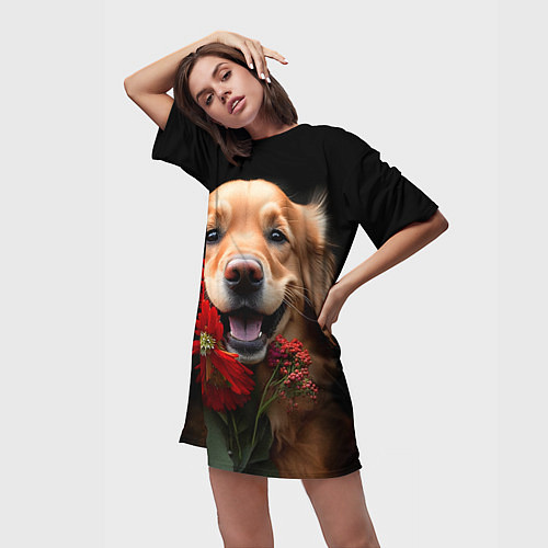 Женская длинная футболка Золотистый ретривер с цветами / 3D-принт – фото 3