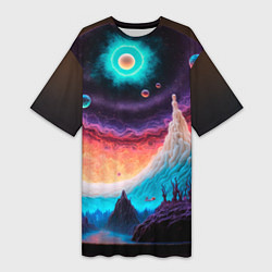 Футболка женская длинная Абстрактный кусок земли со снежным лесом и космосо, цвет: 3D-принт