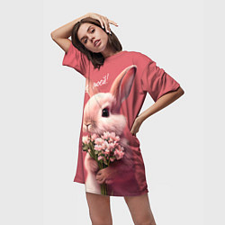 Футболка женская длинная Розовый заяц с цветами, цвет: 3D-принт — фото 2