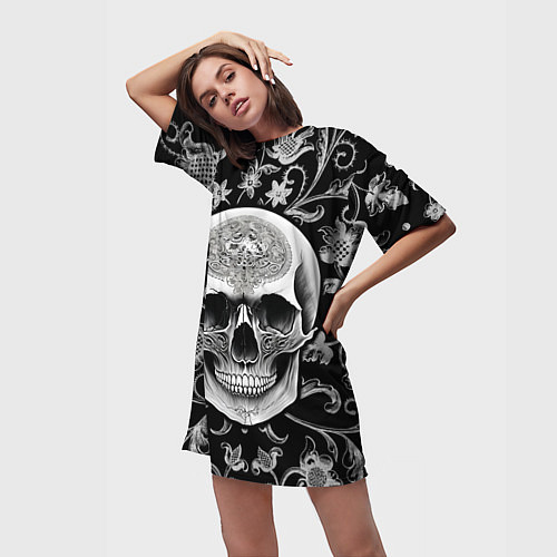 Женская длинная футболка Винтажный череп / 3D-принт – фото 3