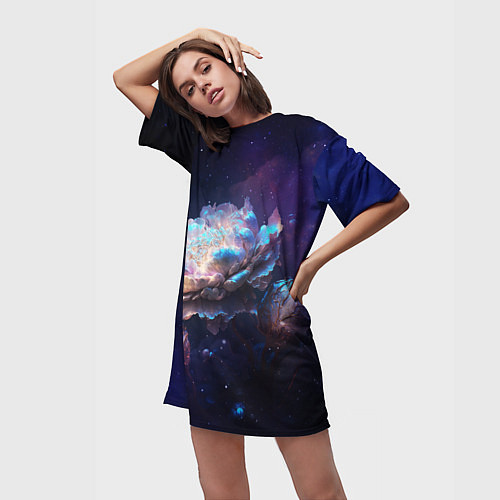 Женская длинная футболка Космические звёздные цветы / 3D-принт – фото 3