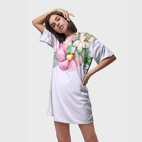Женская длинная футболка Пастельные цветы акварелью - наверху / 3D-принт – фото 3