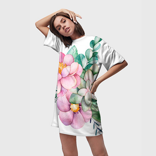 Женская длинная футболка Пастельные цветы - посередине / 3D-принт – фото 3