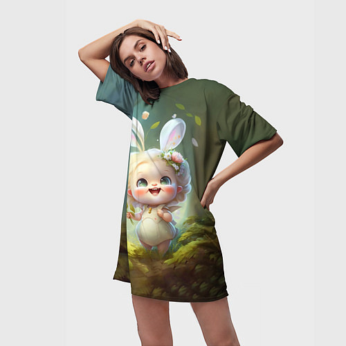 Женская длинная футболка Мультяшная девочка-зайка / 3D-принт – фото 3