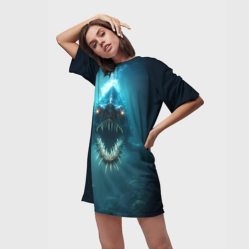 Женская длинная футболка Голодный мегалодон / 3D-принт – фото 3