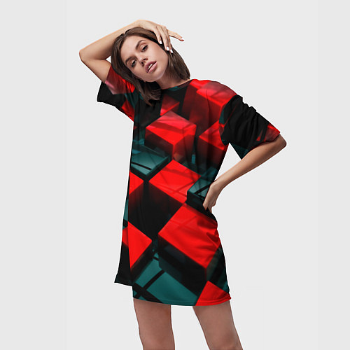 Женская длинная футболка Кубы геометрии красный и чёрный / 3D-принт – фото 3