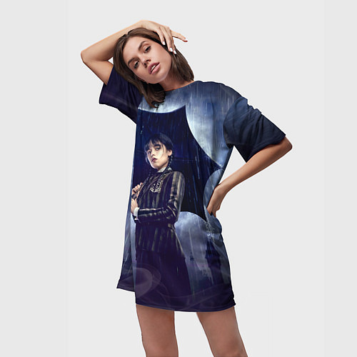Женская длинная футболка Уэнсдей Аддамс с зонтом / 3D-принт – фото 3