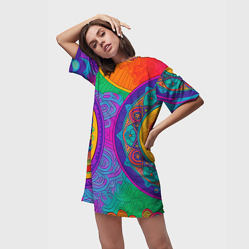 Женская длинная футболка Красочные этнические орнаменты / 3D-принт – фото 3