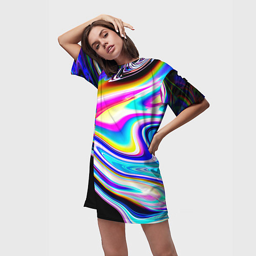 Женская длинная футболка Неоновые размытые краски / 3D-принт – фото 3