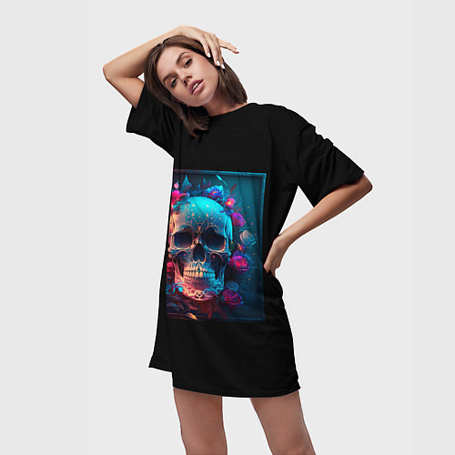 Женская длинная футболка Неоновый мексиканский череп / 3D-принт – фото 3