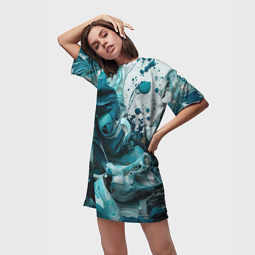 Женская длинная футболка Абстрактные голубые брызги краски / 3D-принт – фото 3