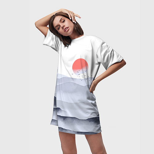 Женская длинная футболка Японский пейзаж - восход солнца / 3D-принт – фото 3