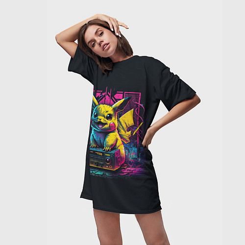 Женская длинная футболка Пикачу с магнитофоном / 3D-принт – фото 3