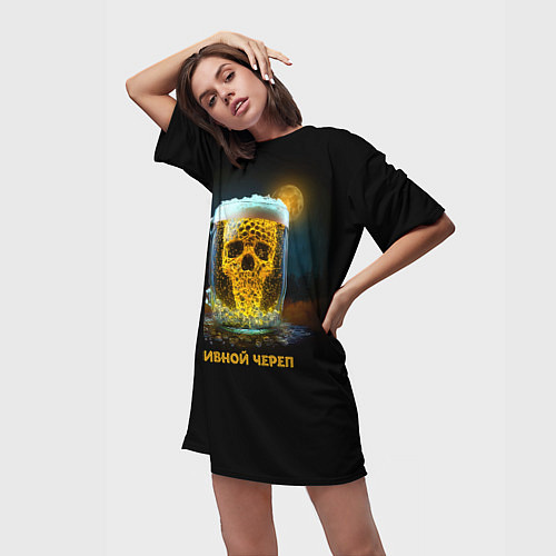 Женская длинная футболка Пивной череп / 3D-принт – фото 3