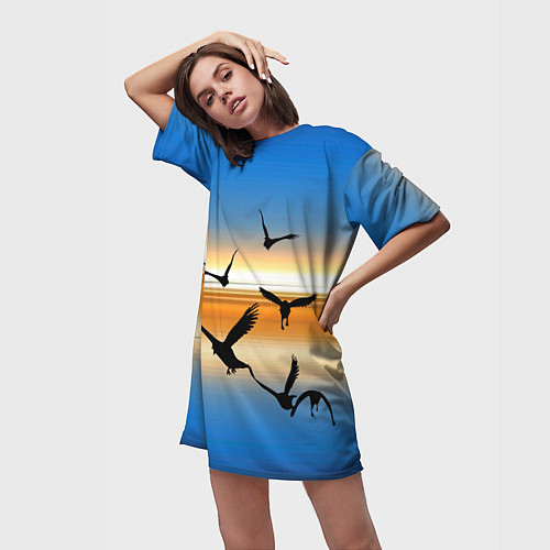 Женская длинная футболка Вороны на закате / 3D-принт – фото 3