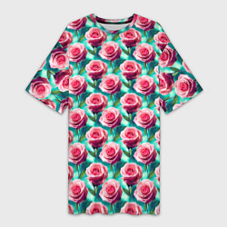 Футболка женская длинная Узор из розовых роз, цвет: 3D-принт