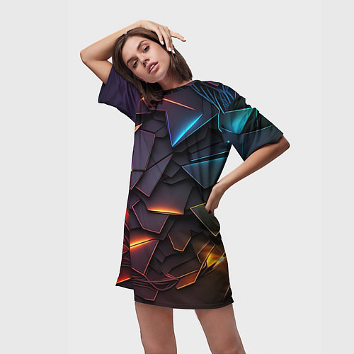 Женская длинная футболка Яркие неоновые объекты / 3D-принт – фото 3