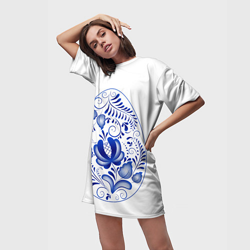 Женская длинная футболка Пасхальное яйцо гжель / 3D-принт – фото 3