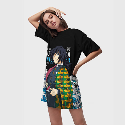 Женская длинная футболка Гиу Томиока на фоне волн / 3D-принт – фото 3