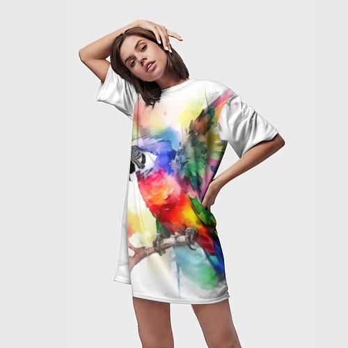 Женская длинная футболка Разноцветный акварельный попугай / 3D-принт – фото 3