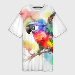 Футболка женская длинная Разноцветный акварельный попугай, цвет: 3D-принт