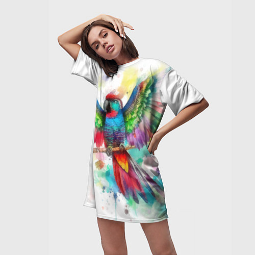 Женская длинная футболка Разноцветный акварельный попугай с расправленными / 3D-принт – фото 3