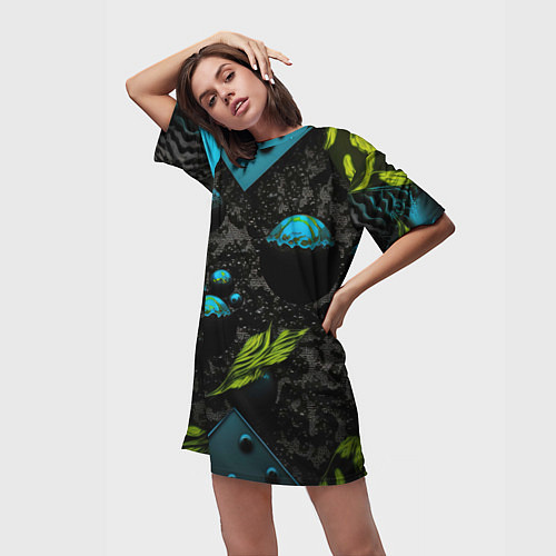 Женская длинная футболка Зеленые абстрактные листья / 3D-принт – фото 3