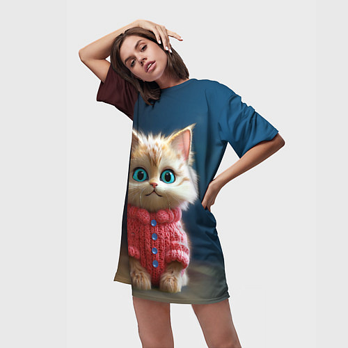 Женская длинная футболка Котик в розовом свитере / 3D-принт – фото 3