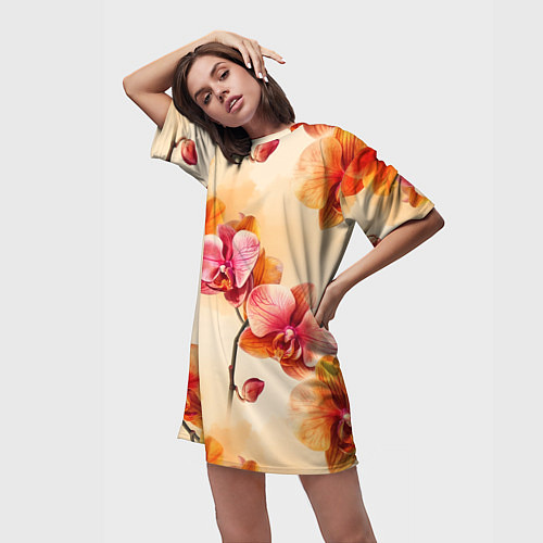 Женская длинная футболка Акварельные цветы - персиковый паттерн / 3D-принт – фото 3