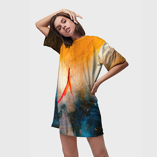 Женская длинная футболка Оранжево-синий туман и краски / 3D-принт – фото 3