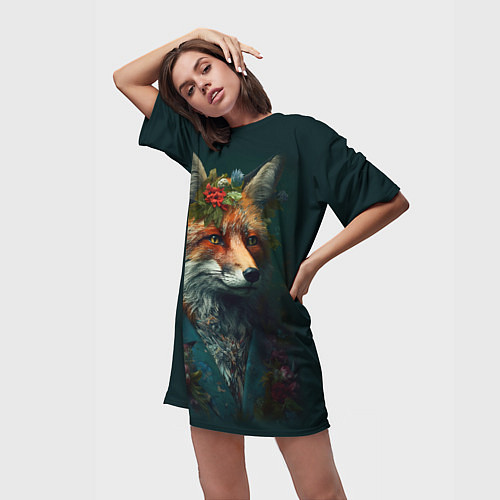 Женская длинная футболка Лис в цветочной рубашке / 3D-принт – фото 3